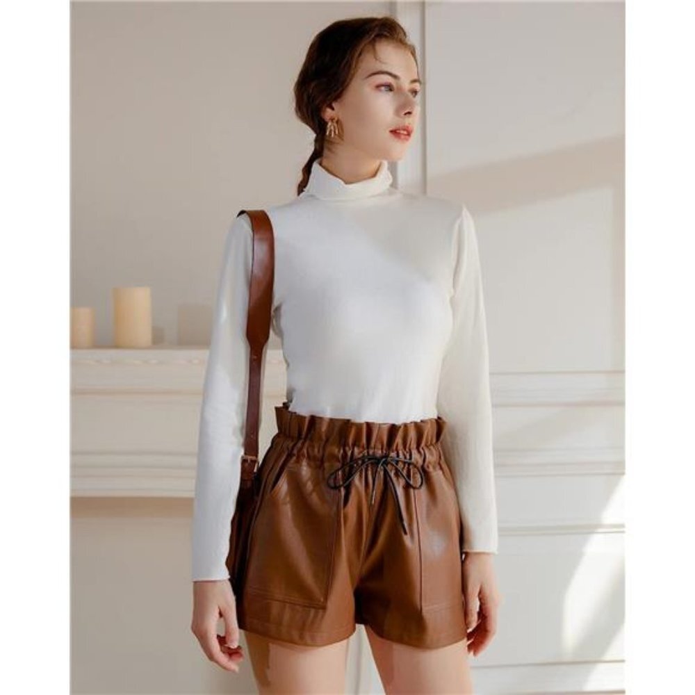 Brown color Faux High Waisted Wide Leg Sexy Shorts - Picture 6 of 6